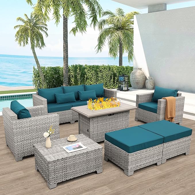 WAROOM Patio Furniture Set 6 Piece PE Rattan Outdoor Conversation Sets Grey Wicker Couch Sectional Sofa with Fire Pit Table and Peacock Blue Cushion