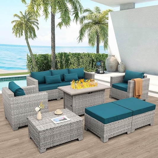 WAROOM Patio Furniture Set 6 Piece PE Rattan Outdoor Conversation Sets Grey Wicker Couch Sectional Sofa with Fire Pit Table and Peacock Blue Cushion