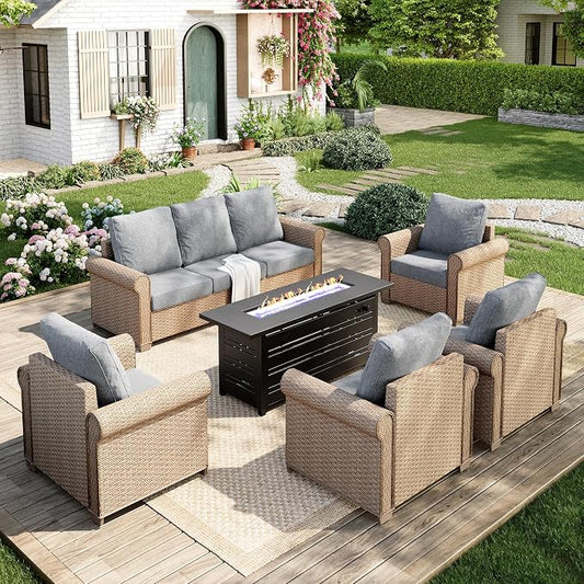 MIXPATIO Patio Furniture Set 6 pcs, Wicker Outdoor Patio Furniture, 3-Seat Sofa, 4 Single Chairs and 56" Gas Fire Pit Table, Rattan Patio Conversation Set for Backyard Deck, Grey