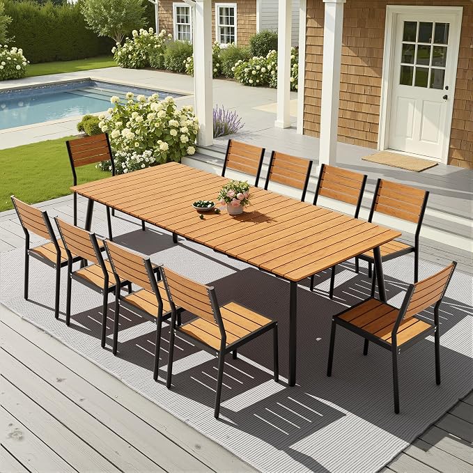 11-Piece Outdoor Dining Set for 10 Person with Teak Wood-Grain Top | Armless Stackable Chairs with 19.4" Seat Depth, Aluminum Frame Dining Furniture with Umbrella Hole for Deck, Porch & Backyard