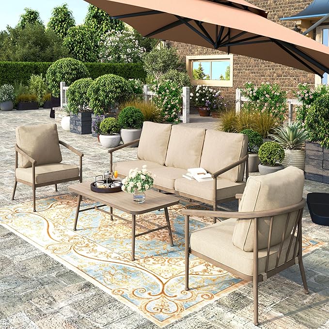 HERA'S HOUSE Patio Furniture Set, 2 x Cushioned Leg Chair, 3-Seat Sofa with Wood Grain Coffee Table, 5 Seats Luxury Windsor Style All Weahter Outdoor Sofa Conversation Set for Deck Lawn Backyard