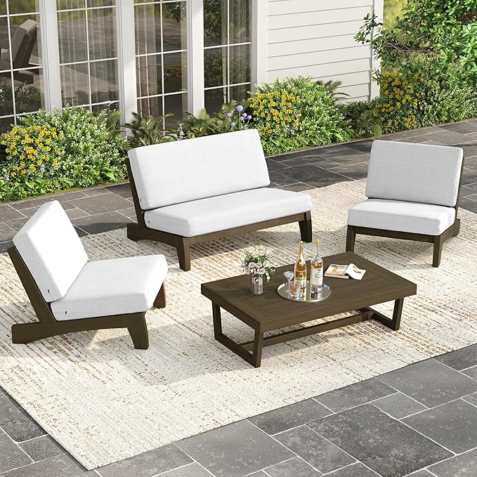 UIXE Wood Patio Furniture Sets, 4 Pieces All Weather Outdoor Sectional Futniture Patio Sofa Chair Backyard Conversation Set with Solid Wooden Coffee Table - Beige