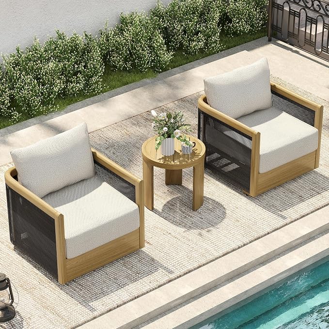 HAPPATIO Aluminum Patio Furniture Set, 3 Pieces Wood-Like Oversized Outdoor Conversation Set with Thick Cushion, Curved Tub Design with Woven Rope Accents for Garden, Backyard, Poolside