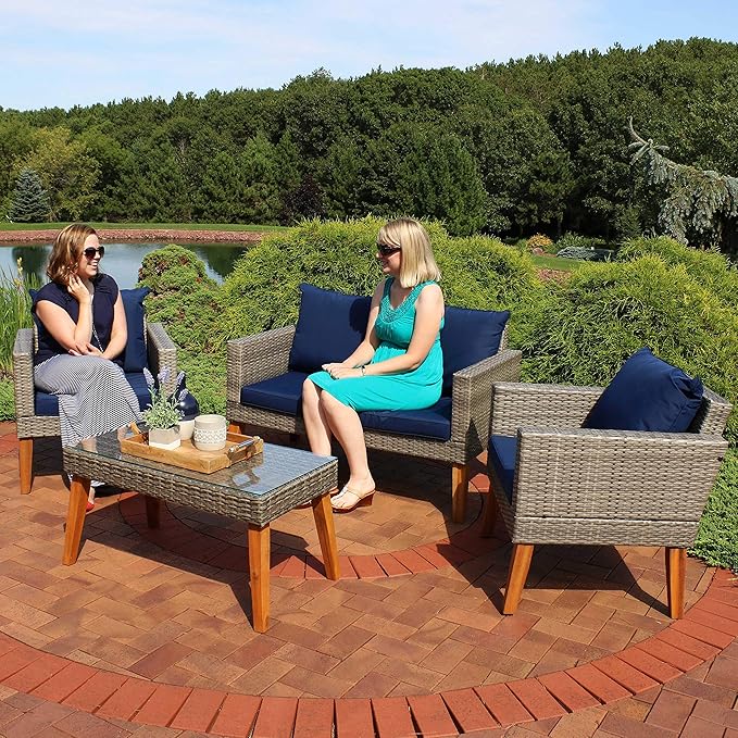 Sunnydaze Clifdon 4-Piece Resin Gray Rattan and Acacia Patio Furniture Set - Thick Navy Blue Back and Seat Cushions