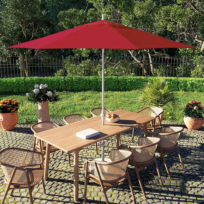 California Umbrella 11Ft Fiberglass Rib Patio Umbrella, Hand-Crank, Tilt-Collar, White Frame, Solution Dyed Red Fabric