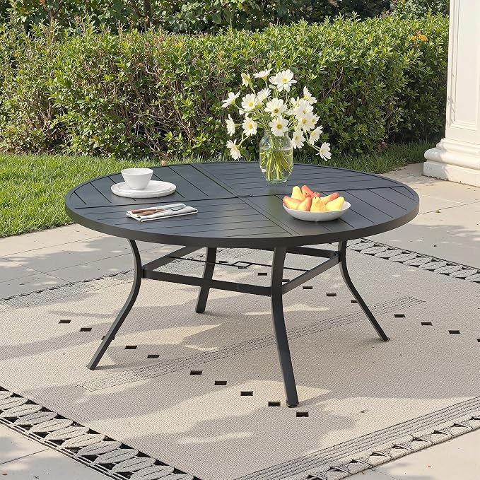 53.1" Outdoor Dining Table with Adjustable Umbrella Hole, Metal Slatted Round Patio Dining Table for Backyard Garden Deck, Black
