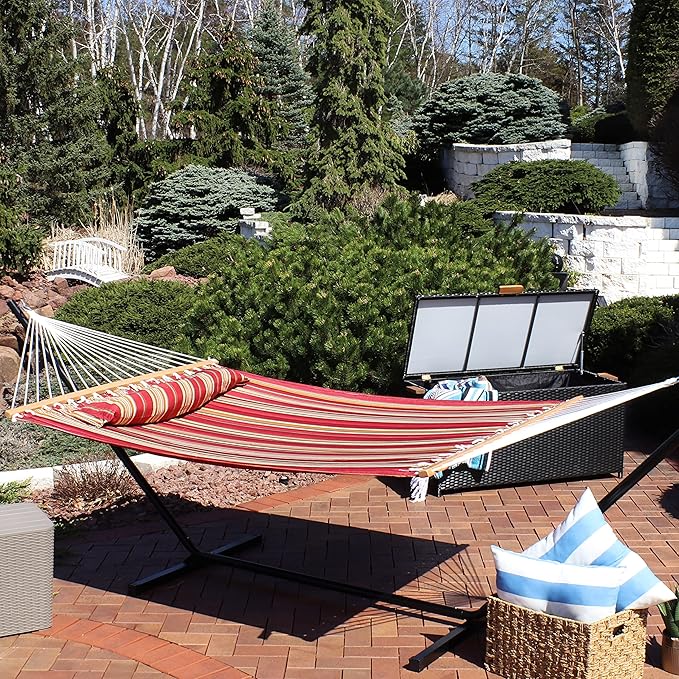 Sunnydaze Set of 2 Outdoor Quilted Fabric Hammocks - 2-Person Hammock with Spreader Bars – Red Stripe and Blue/Green Stripe