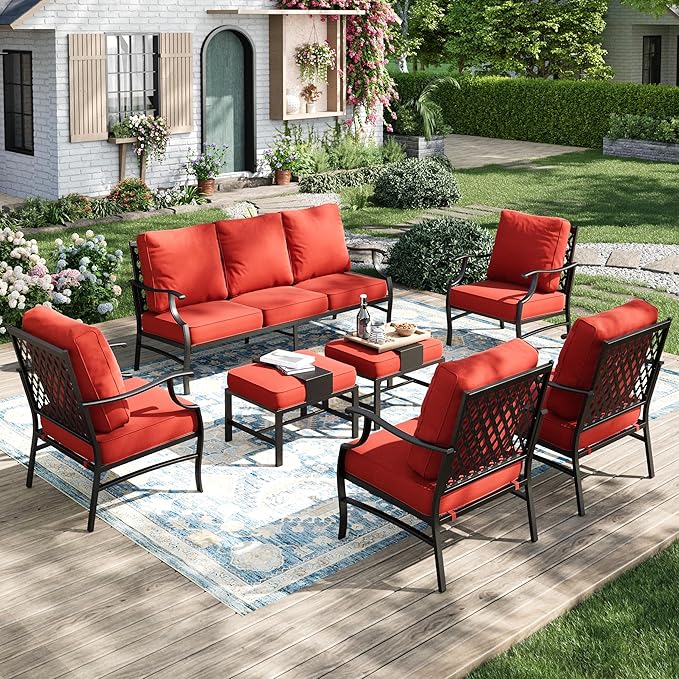 Patio Furniture Set 7 pcs, Outdoor Patio Furniture, 3-Seat Sofa, 4 Single Chairs, 2 Ottomans and 5.75" Extra Thick Cushion, Patio Conversation Set for Garden Backyard Deck,Red