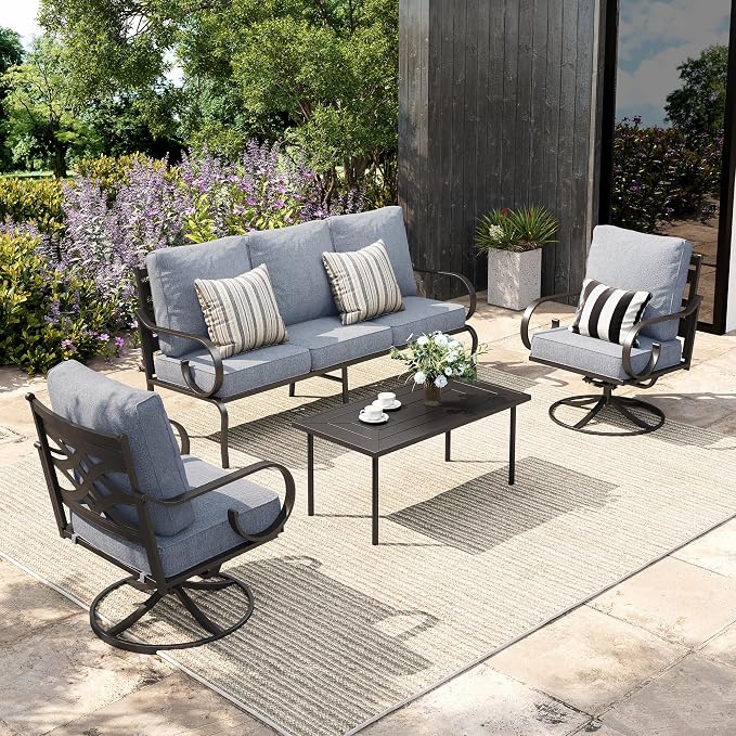 Sophia & William Patio Conversation Set for 5, 3-Seater Sofa, 2 Swivel Chairs and a Coffee Table, Metal Outdoor Furniture with 5.75" Extra Thick Cushions, Grey