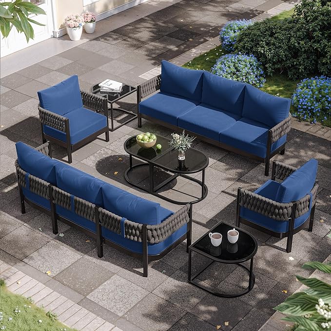 Kullavik Aluminum Patio Furniture Set 8 Pieces,Metal Outdoor Furniture with Modular Coffee Table,HDPE Rope Sectional Conversation Set w/5.9" Thick Cushions for Deck,Porch,Backyard