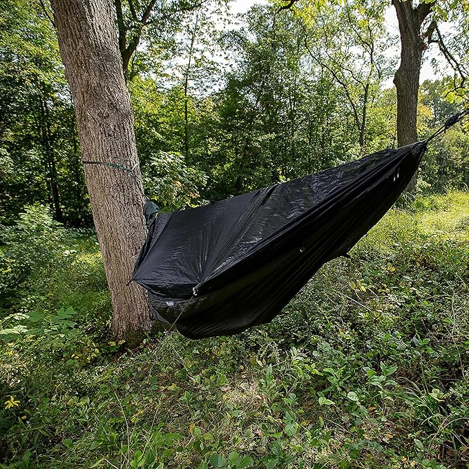 Go Camping Hammock 2.0 w/ Built-In Mosquito Net - Slate Gray by Go Outfitters: 11' Long X 64" Wide |Includes 2 Premium Aluminum Carabiners, Rapid Deployment Bag, 4 Stakes & 4 Shock Cords