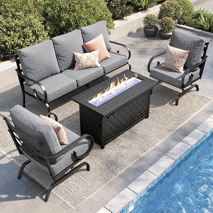 PHI VILLA Patio Furniture Set, 3-Seater Sofa, 2 Rocking Chairs and a 45" Fire Pit Table, Outdoor Metal Conversation Set with 5.75" Extra Thick Cushion for Garden Backyard Deck, Grey