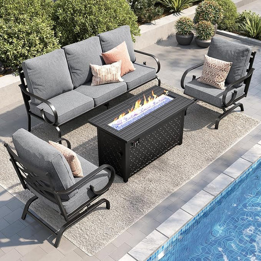 PHI VILLA Patio Furniture Set, 3-Seater Sofa, 2 Rocking Chairs and a 45" Fire Pit Table, Outdoor Metal Conversation Set with 5.75" Extra Thick Cushion for Garden Backyard Deck, Grey