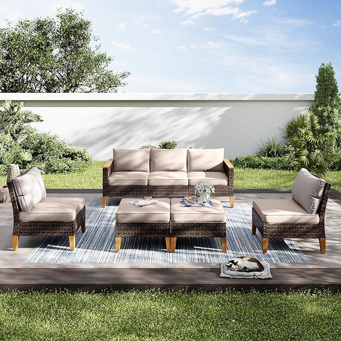 PHI VILLA Outdoor Heavy Duty Wicker Patio Conversation Set 7-Piece, Rattan Sectional Furniture Patio Set for 7 Seats with Cushioned 3 x Armrest Chair, 2 x Ottoman and 2 x Armless Sofa, Beige