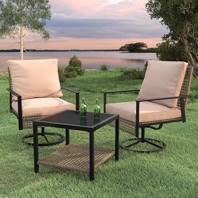 Ainfox 3 Pieces Patio Wicker Chairs Swivel Rocker, Outdoor Swivel Rocker Patio Chairs with Rattan Side Table, Patio Furniture Set for Patio Porch Pool, Khaki