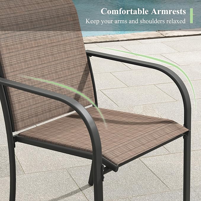 5 Pieces Outdoor Dining Set, Stackable Textilene Paito Chairs & 40.5" Round Dining Table with Umbrella Hole and Shelf, Patio Dining Set for Backyard, Deck, Garden, Brown & Black