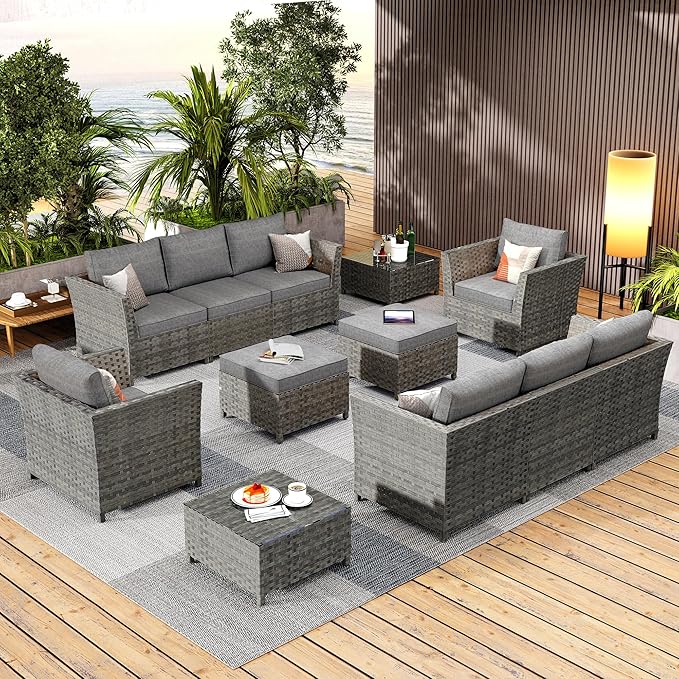 12 Pieces Outdoor Furniture Patio Sectional Sofa Couch Gray PE Wicker Conversation Sets with Ottomans Glass Coffee Table for Garden Poolside Backyard