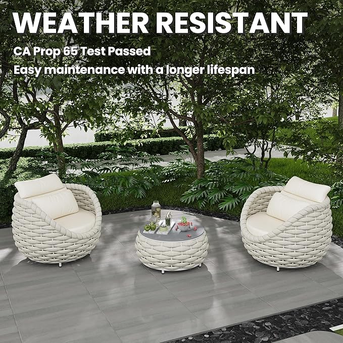Front Porch Furniture Set 3 Piece: Aluminum Woven Rope Patio Conversation Sofa Set for 2 - Assembled Outdoor Deck Couch Armchair Set Cushions - for 400lb Balcony Pool Yard Bistro Hotel Lanai - Beige
