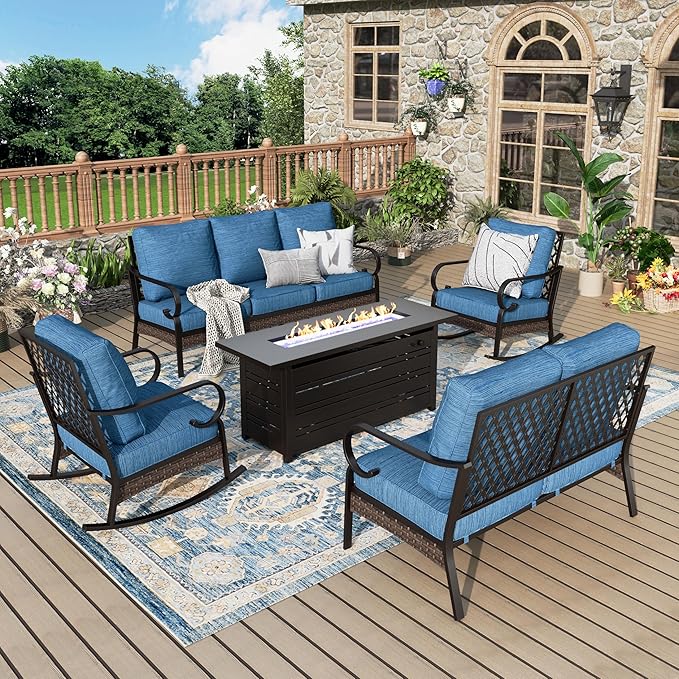 Patio Furniture Set with Fire Pit Table, Metal Outdoor Conversation Set with 2 Rocking Chairs, Loveseat Sofa, 3-Seat Sofa and Gas Fire Pit Table for Lawn Garden Backyard, Pacific Blue