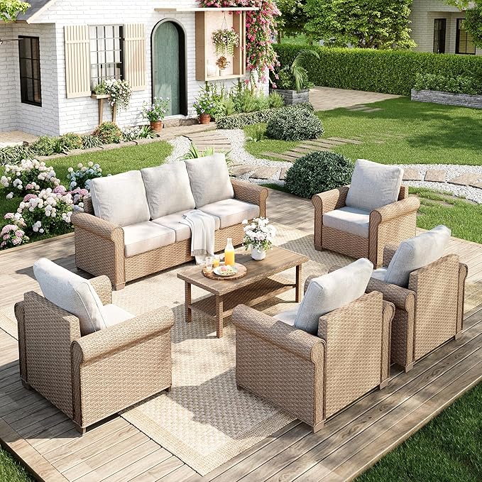 Patio Furniture Set 6 pcs, Wicker Outdoor Patio Furniture, 3-Seat Sofa, 4 Single Sofas and Coffee Table, Rattan Outdoor Conversation Set for Backyard Deck, Beige