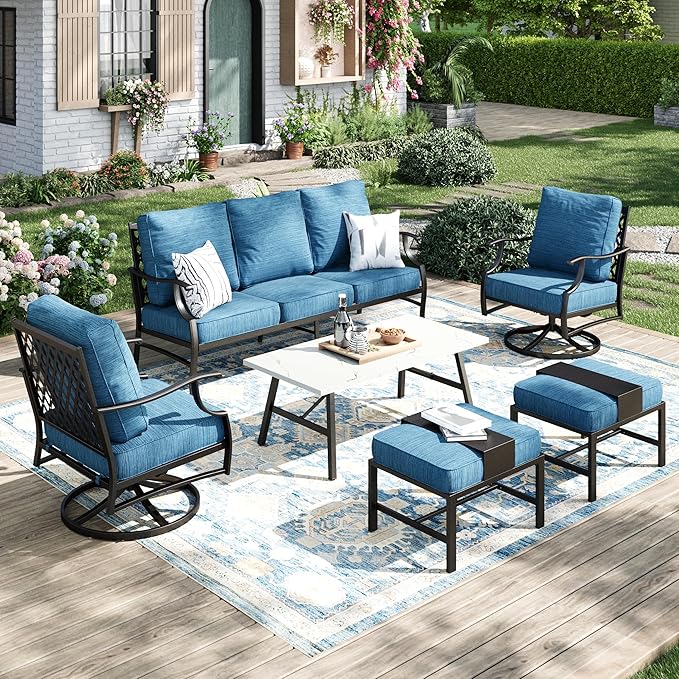 Patio Furniture Set 6 pcs, Outdoor Patio Furniture, 3-Seat Sofa, 2 Swivel Chairs, 2 Ottomans, Coffee Table and 5.75" Extra Thick Cushion, Conversation Set for Backyard Deck, Gemstone Blue