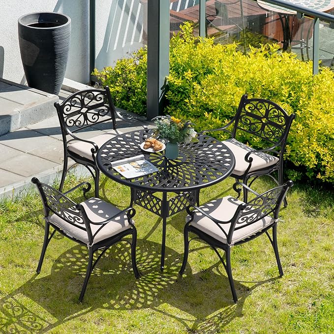 NUU GARDEN 5 Piece Cast Aluminum Outdoor Patio Dining Set, Round Patio Dining Table with 2.24" Umbrella Hole and 4 Patio Dining Chairs with Cushions for Garden, Balcony, Bronze and Beige