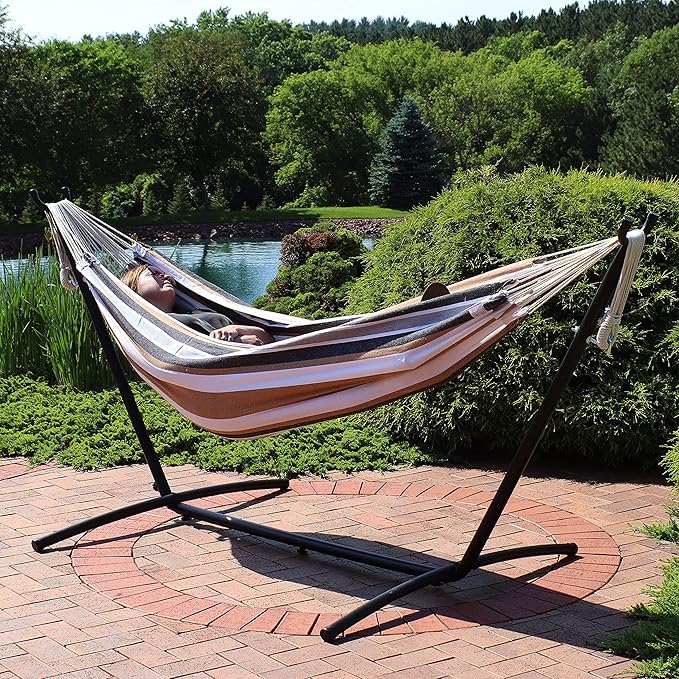 Sunnydaze Double Brazilian Hammock with Stand and Carrying Case - 400-Pound Capacity - Black Stand - Calming Desert