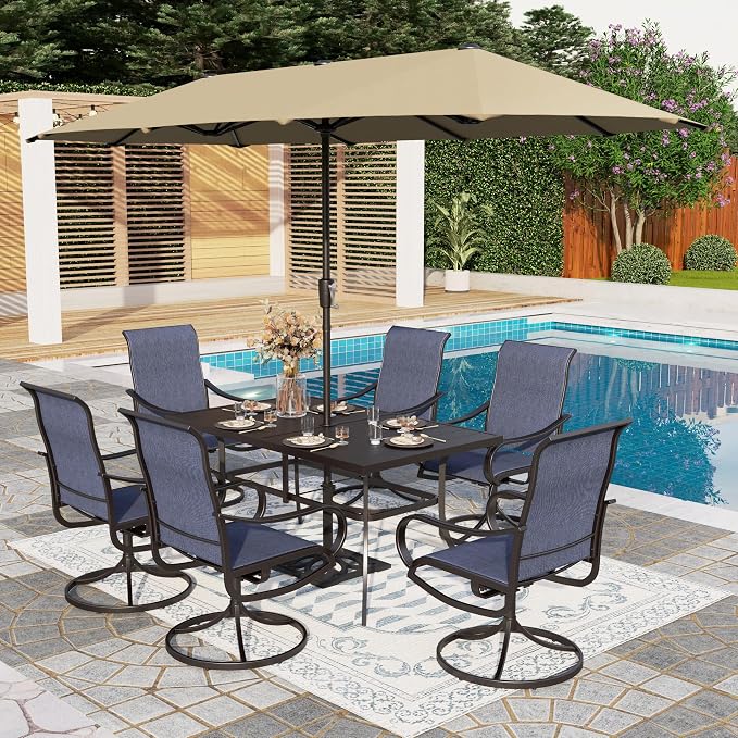 PHI VILLA Outdoor Dining Set with Umbrella for 6, Swivel Mesh Chairs | Includes 1 rectangle metal table, 6 textilene chairs and 13ft beige umbrella(NO BASE), designed for deck, backyard, garden