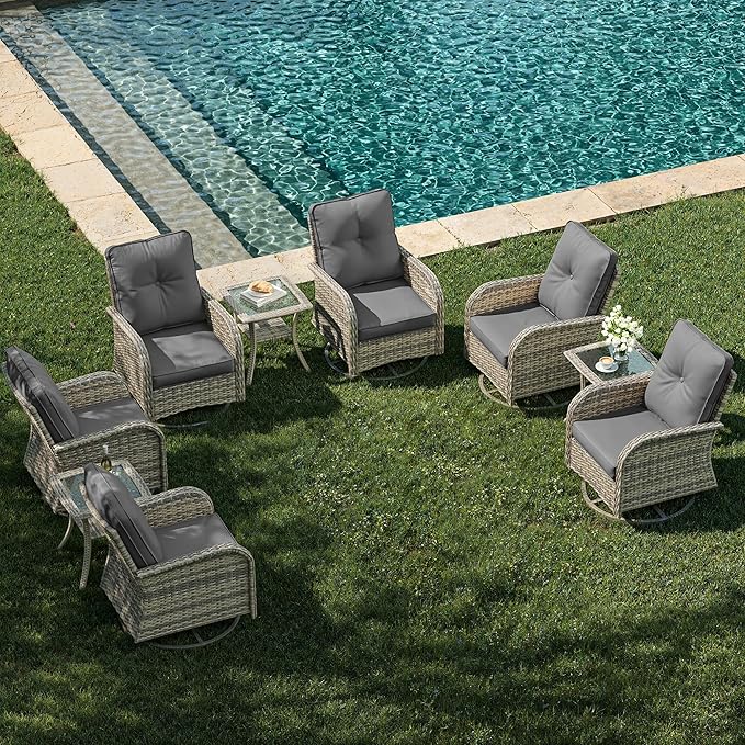 9-Piece Patio Rocking Swivel Chair Outdoor Wicker Rattan Bistro Set with Tempered Glass Side Table, Outdoor Patio Furniture Set for Garden, Deck, and Balcony, Grey