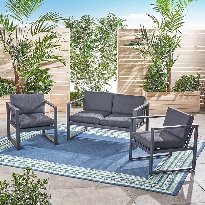 Christopher Knight Home Navan Outdoor 4-Seater Aluminum Chat Set, Silver / Dark Grey Cushions