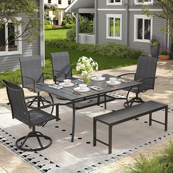 6 Pieces Patio Dining Set for 6-7 People, 59.2" Rectangular Patio Dining Table and Chairs Set with Outdoor Bench for Garden Deck, Black
