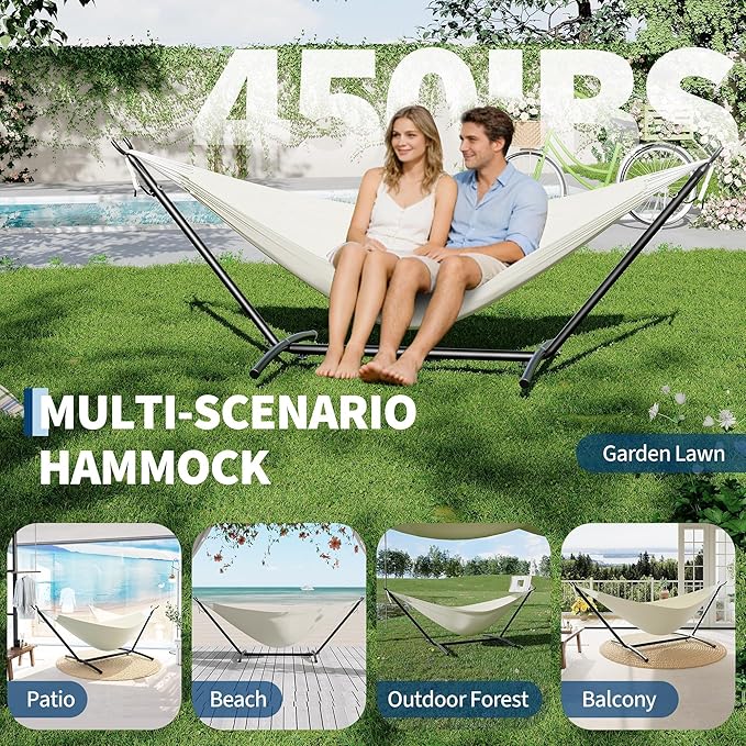 2-Person Hammock with Stand,Portable Double Hammock, Portable & Space-Saving, 450 Lbs, Comfortable Polyester Cotton for Outdoor, Patio, Garden, Camping – Includes Carry Bag