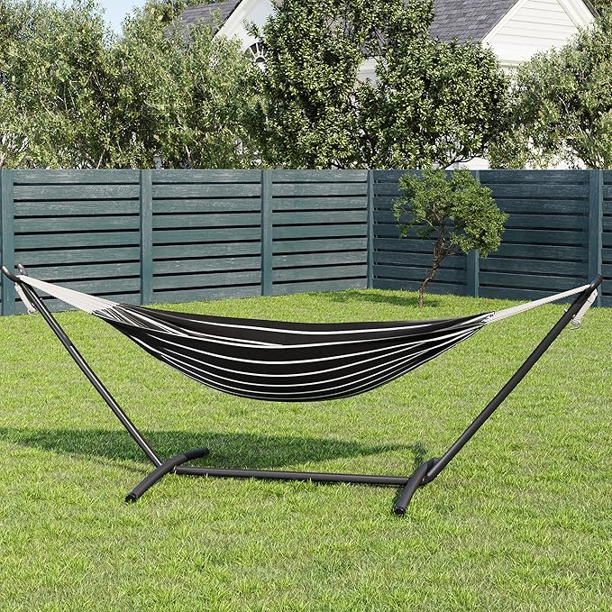 GarveeLife Double 2 Person Hammock, Indoor Outdoor Standing Hammock with Space Saving Steel Stand, Carry Bag, 450 LBS Weight Capacity, Suitable for Garden Camping Beach, Onyx