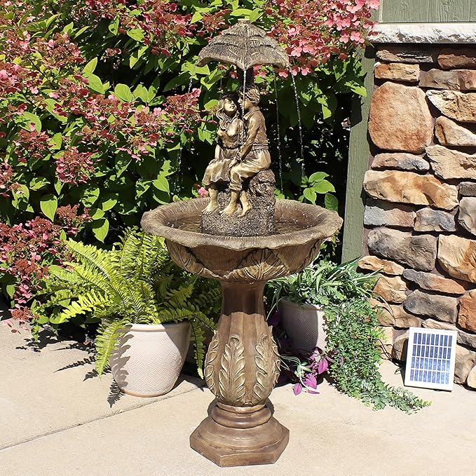 Sunnydaze Lovers Umbrella 43-Inch Solar-Powered Fountain with Rechargeable Solar Battery Backup and LED Lights for Garden, Patio, Yard or Balcony