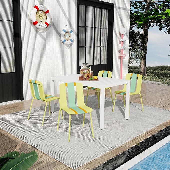 LUMISOL 5 Piece Outdoor Dining Table Set, All Weather Rectangular Table and Chairs Set with Striped Color Block Chairs and Sturdy Metal Legs for Garden, Backyard, Poolside, Yellow+Green+Orange