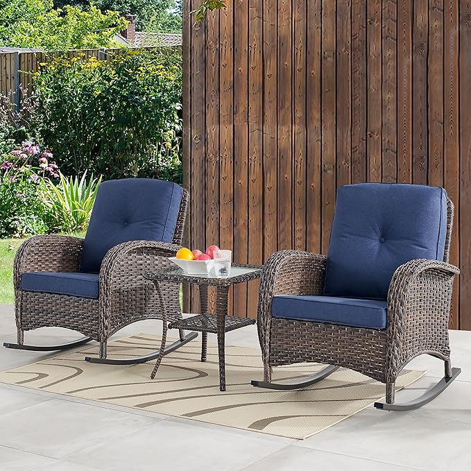 Belord 7 Piece Outdoor Patio Furniture Sets with Rocking Chairs, Wicker Loveseat Conversation Sets for Patio Deck Backyard Poolside, Blue Cushion