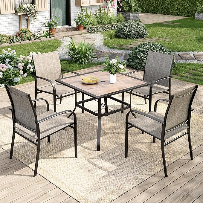 MIXPATIO 5 Pieces Patio Table and Chairs Set, 4 Person Outdoor Dining Furniture Set, 4 Brown Textilene Chairs and 37" Wood-Like Table Top Table with Umbrella Hole, for Deck Backyard Lawn