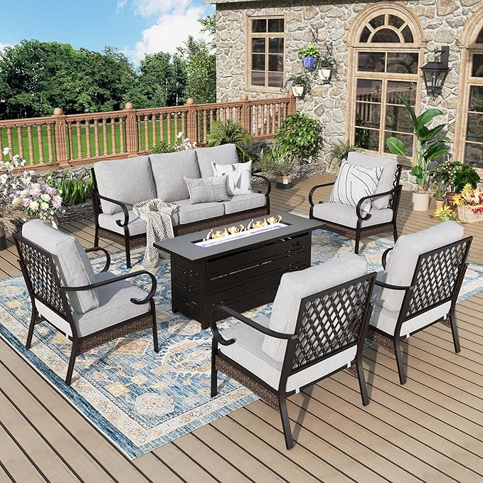 Patio Furniture Set with Fire Pit Table, Metal Outdoor Conversation Set with 5.75'' Extra Thick Cushion, 4 Leg Chairs, 3-Seat Sofa and Gas Fire Pit Table, Light Grey