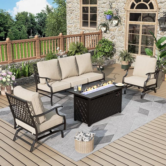 MIXPATIO Patio Furniture Set with Firepit Table, 4 Pcs Metal Outdoor Conversation Set, 2 Rocking Chairs and 3 Seater Sofa with 5.75" Extra Thick Cushion and Gas Fire pit Table for Backyard Deck, Beige