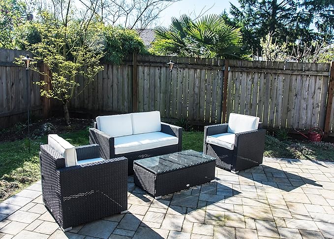 Outsunny 4 Piece Wicker Patio Furniture Set with Cushions, Outdoor Sectional Furniture with 2 Sofa, Loveseat, and Glass Top Coffee Table, Conversation Sofa Sets for Garden, Cream White