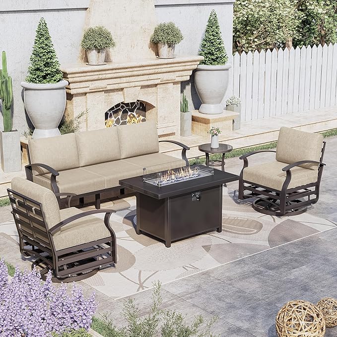 Kurapika Aluminum Patio Furniture Set 5-Seat Modern Metal Outdoor Conversation Sets w/45in Propane Fire Pit Table, Swivel Rocking Chairs Patio Sectional Sofa w/5.1 Inch Cushion, Sand