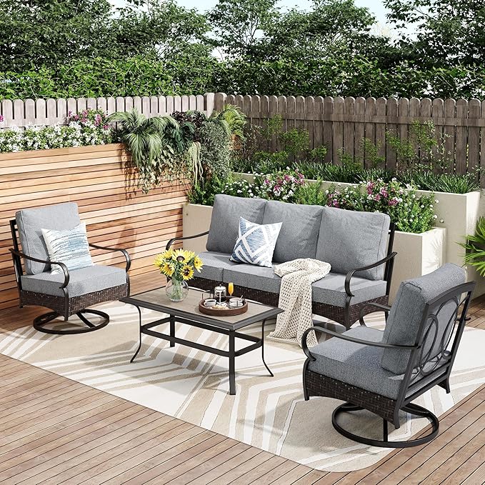 PHI VILLA Outdoor Modern Patio Furniture Set, Upgraded Wicker & Metal Patio Furniture Conversation Set with Waterproof Thick Cushions for Porch, Poolside, Yard (4 Pieces,Grey)