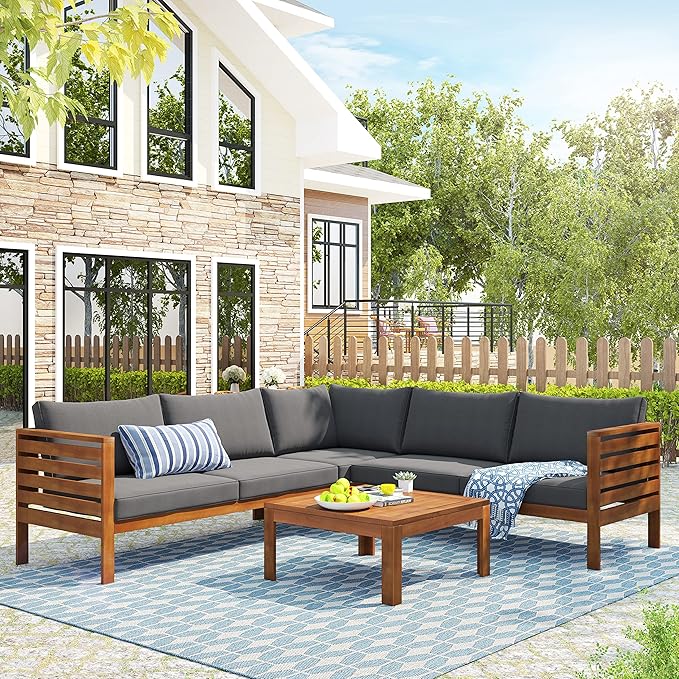 Patio Furniture 4 Pieces Conversation Sets, Acacia Wood Outdoor Sectional Furniture Conversation Sets with Cushions and Coffee Table for Garden Backyard Balcony and Porch (Gray)