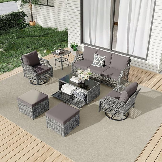 HOMREST 7 Piece Patio Furniture Set, Wicker Outdoor Conversation Set with Swivel Chairs, 2 Ottomans, Storage Coffee Table, Rattan Outdoor Sectional Sofa for Deck Backyard Porch （7 Seats, Gray）