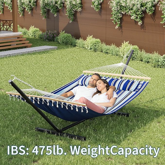 Double Hammock with Stand for 2 Person, Outdoor Freestanding Hammock Bed with 475lb Capacity - Heavy Duty Steel Frame, Quilted Pillow & Portable Carry Bag, Easy Assembly, Blue
