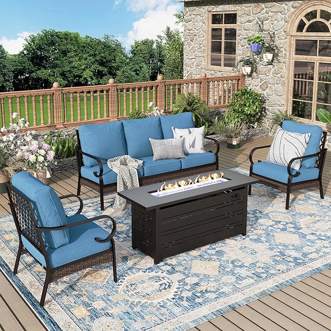 Patio Furniture Set with Fire Pit Table, 4 PCS Metal Outdoor Conversation Set with 5.75'' Extra Thick Cushion, 2 Chairs, 3-Seat Sofa and Gas Fire Pit Table, Navy Blue