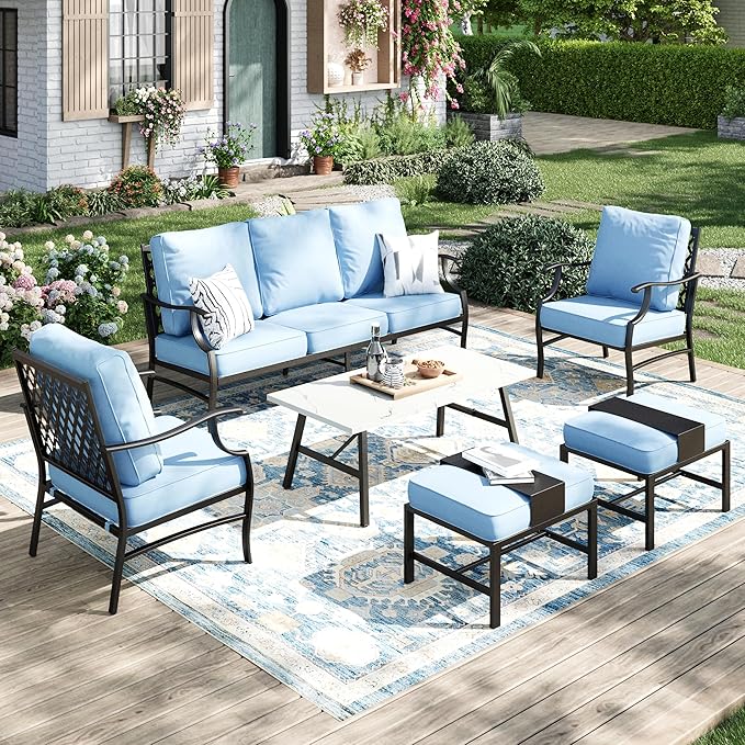Patio Furniture Set 6 pcs, Outdoor Patio Furniture, 3-Seat Sofa, 2 Single Chairs, 2 Ottomans, Coffee Table and 5.75" Extra Thick Cushion, Patio Conversation Set for Garden Backyard Deck,Blue