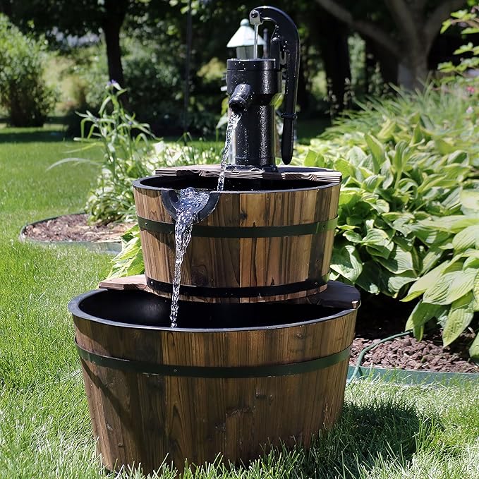 Sunnydaze 2-Tier Wood Barrel Water Fountain - 34-Inch Vintage Water Pump Fountain with Submersible Pump - for Garden, Patio, Decks