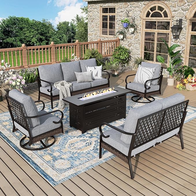 Patio Furniture Set with Fire Pit Table, Metal Outdoor Conversation Set with 2 x Swivel Chairs, 1 x Loveseat, 1 x 3-Seat Sofa and Gas Fire Pit Table for Lawn Garden Backyard, Grey
