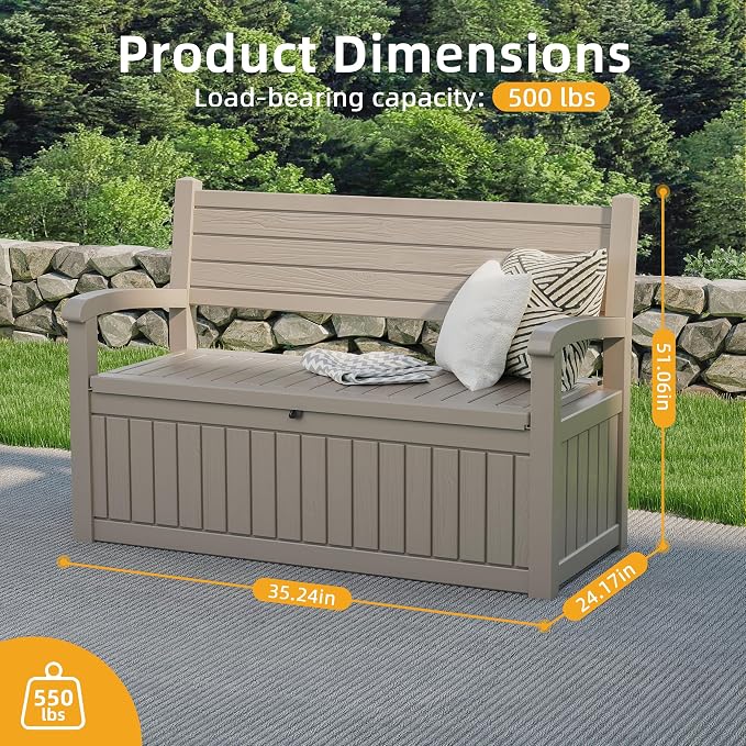 EasyUp 80 Gallon Wood Grain Style Outdoor Storage Bench, Waterproof and Lockable Deck Box Outdoor Storage Furniture for Patio,Garden,and Porch-Perfect for Storing Garden Tools(Grey Srtipe)